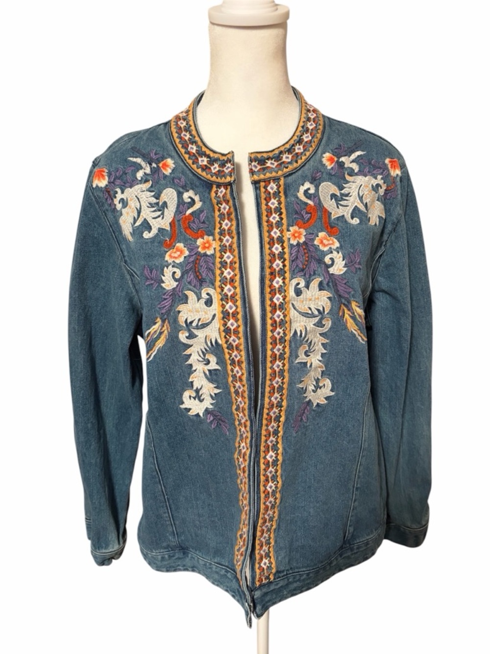 Chicos size 2 (12/14) Embroidered Denim Jacket with Embroidered Floral Accents